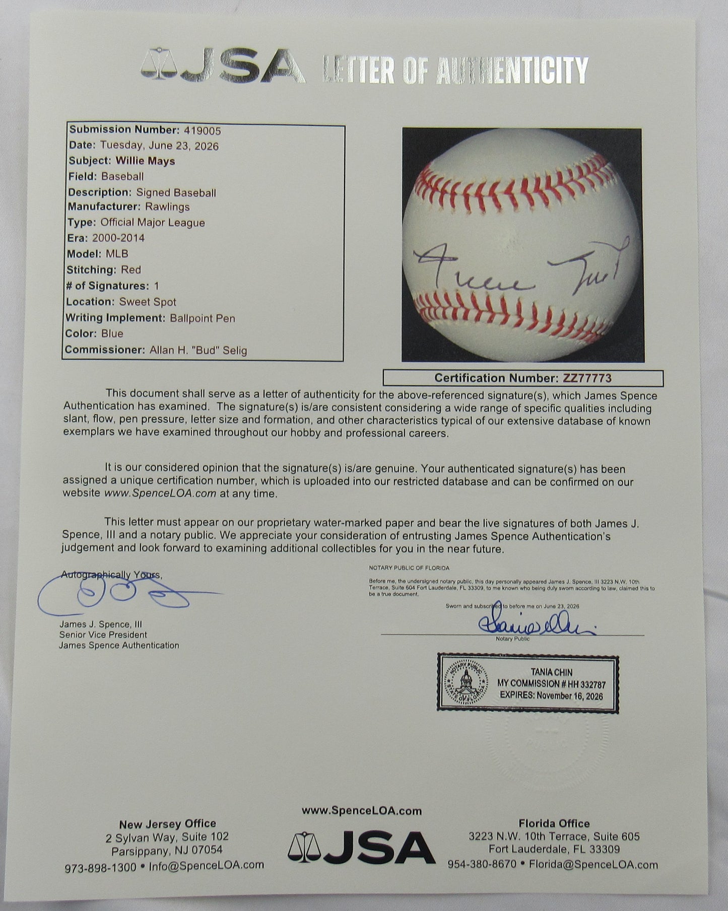 Willie Mays Signed Auto Rawlings Baseball JSA LOA ZZ77773