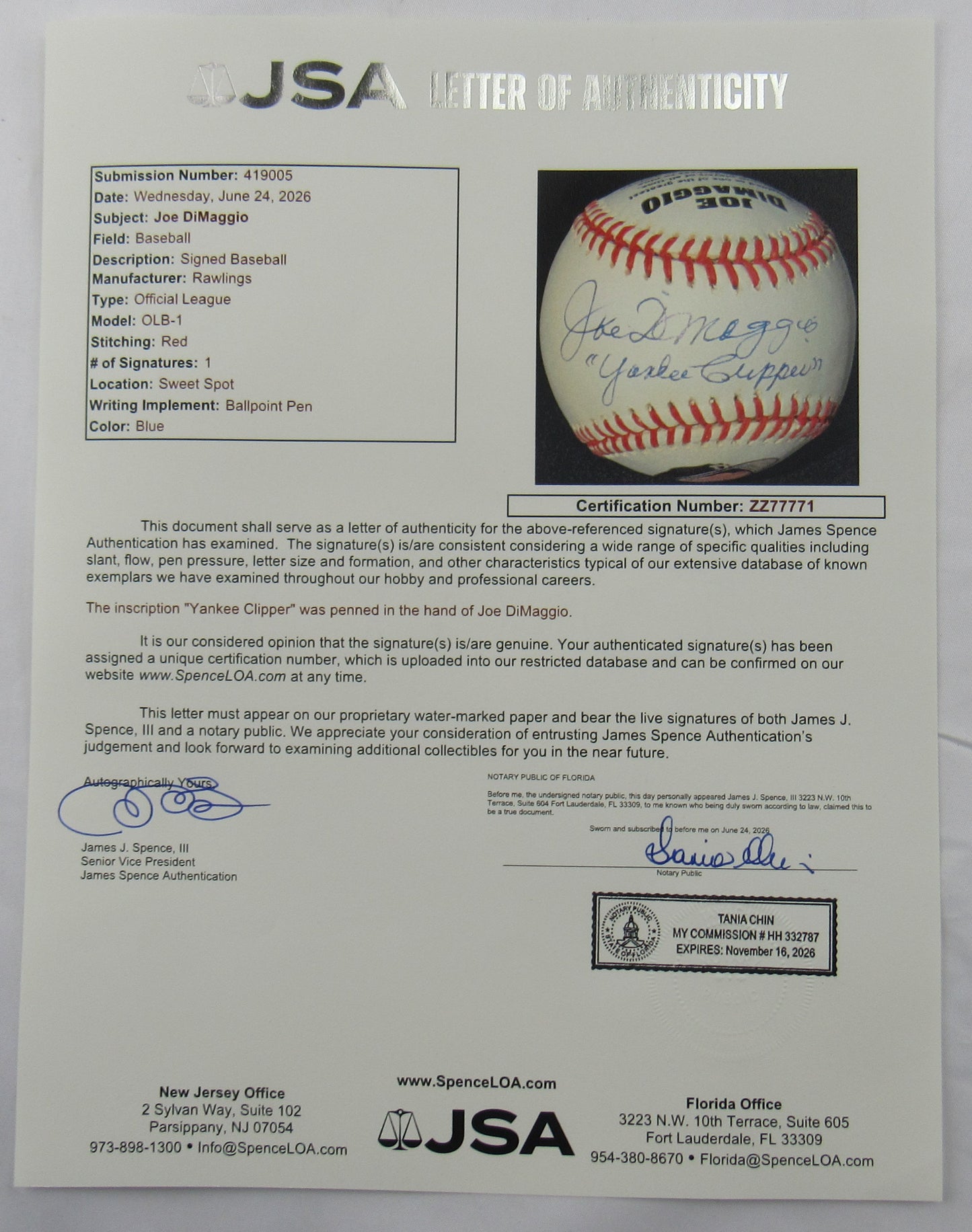 Joe DiMaggio Signed Auto Rawlings Baseball w/ Yankee Clipper Insc JSA LOA ZZ77771