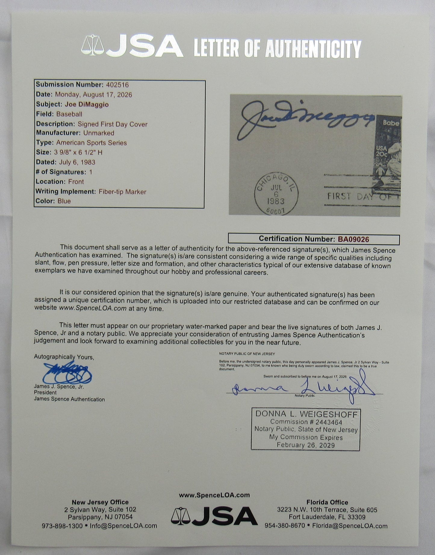Joe DiMaggio Signed Cachet Auto Envelope JSA BA09026