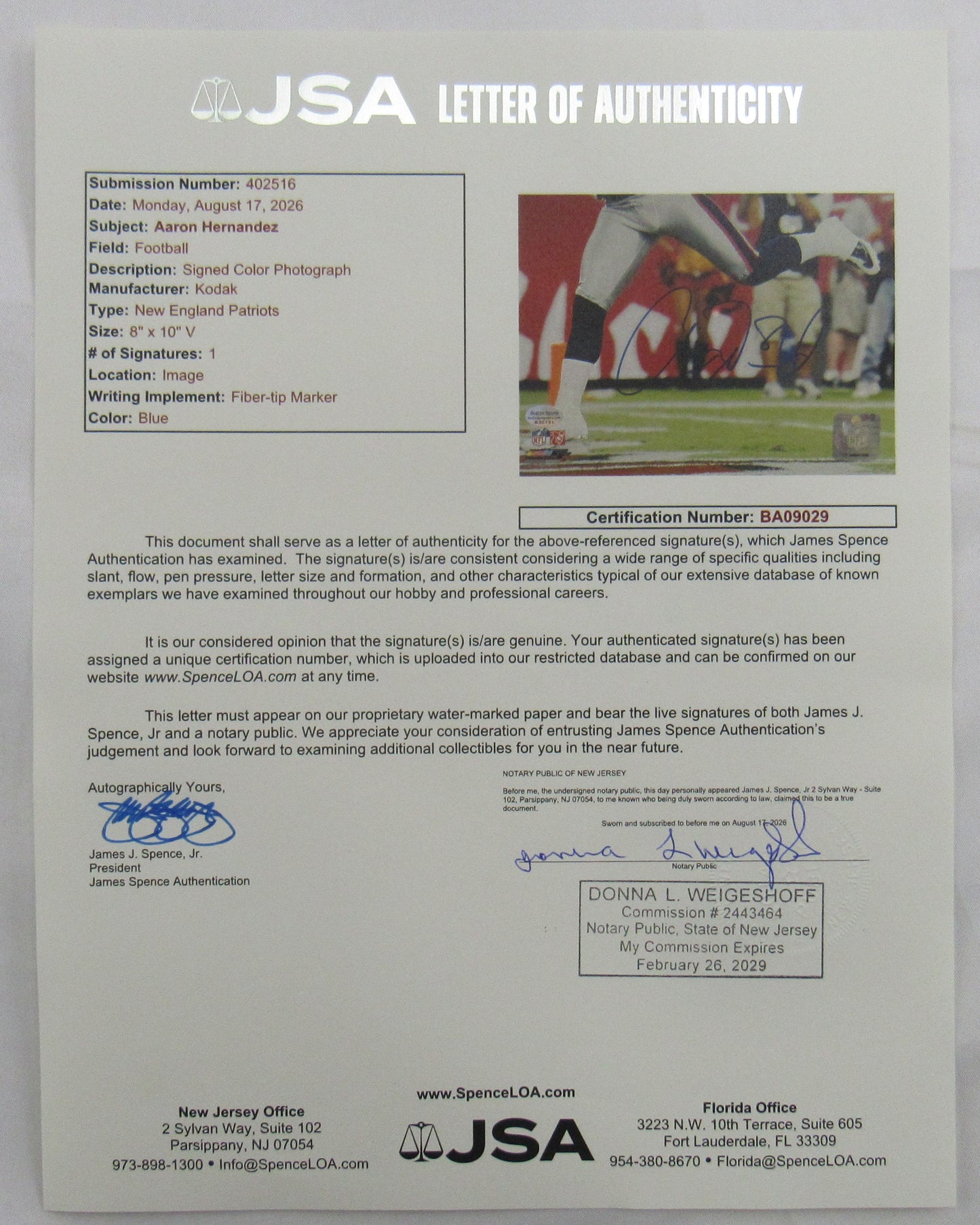 Aaron Hernandez Signed 8x10 Photo JSA BA09029