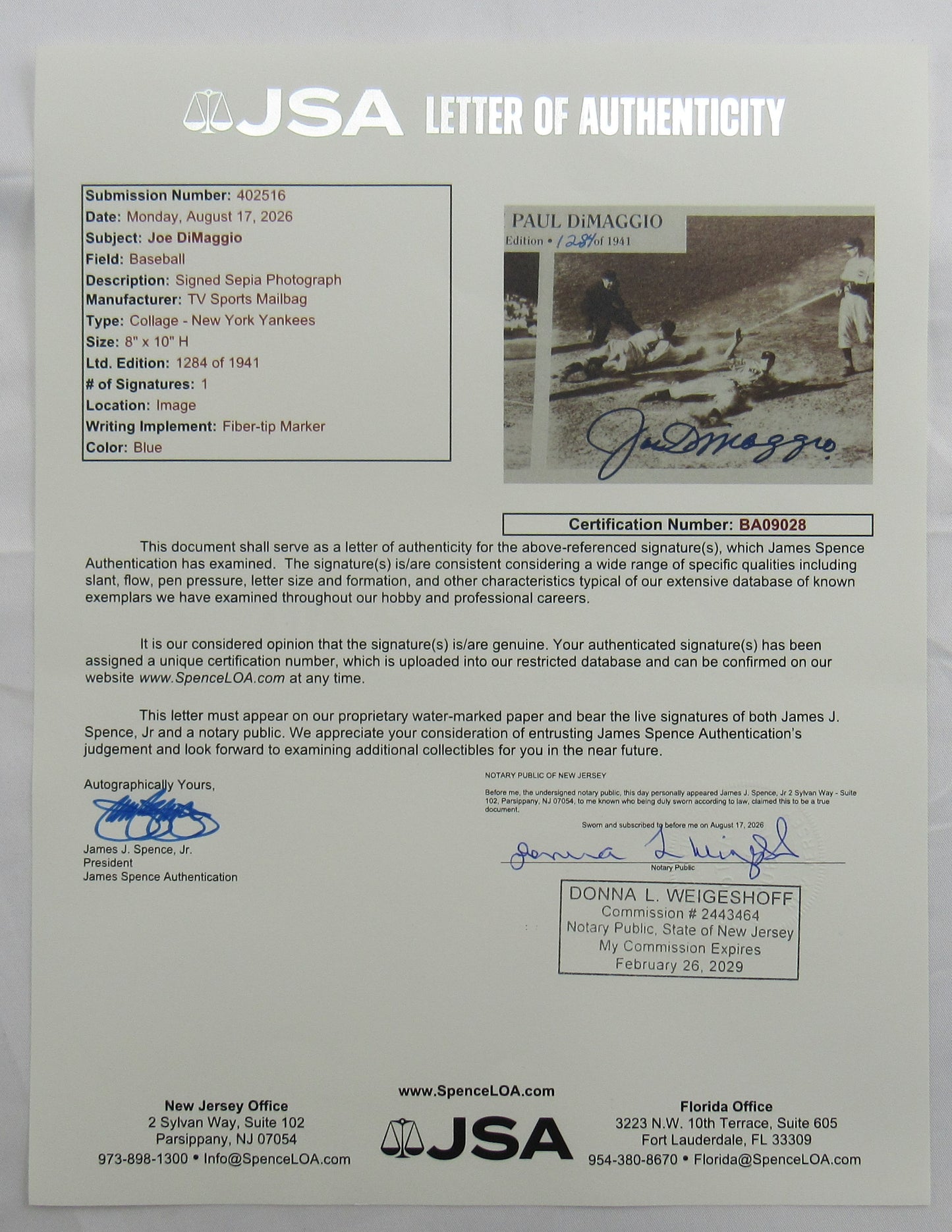 Joe DiMaggio Signed 8x10 Photo JSA BA09028