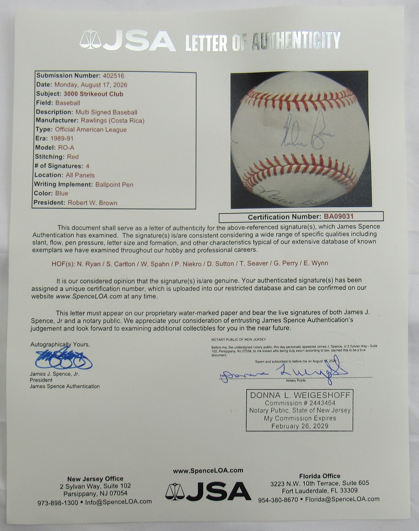 3000 Strikeout Club Signed Rawling Baseball JSA BA09031 Nolan Ryan Steve Carlton Warren Spahn Phil Niekro Don Sutton Tom Seaver Gaylord Perry Early Wynn