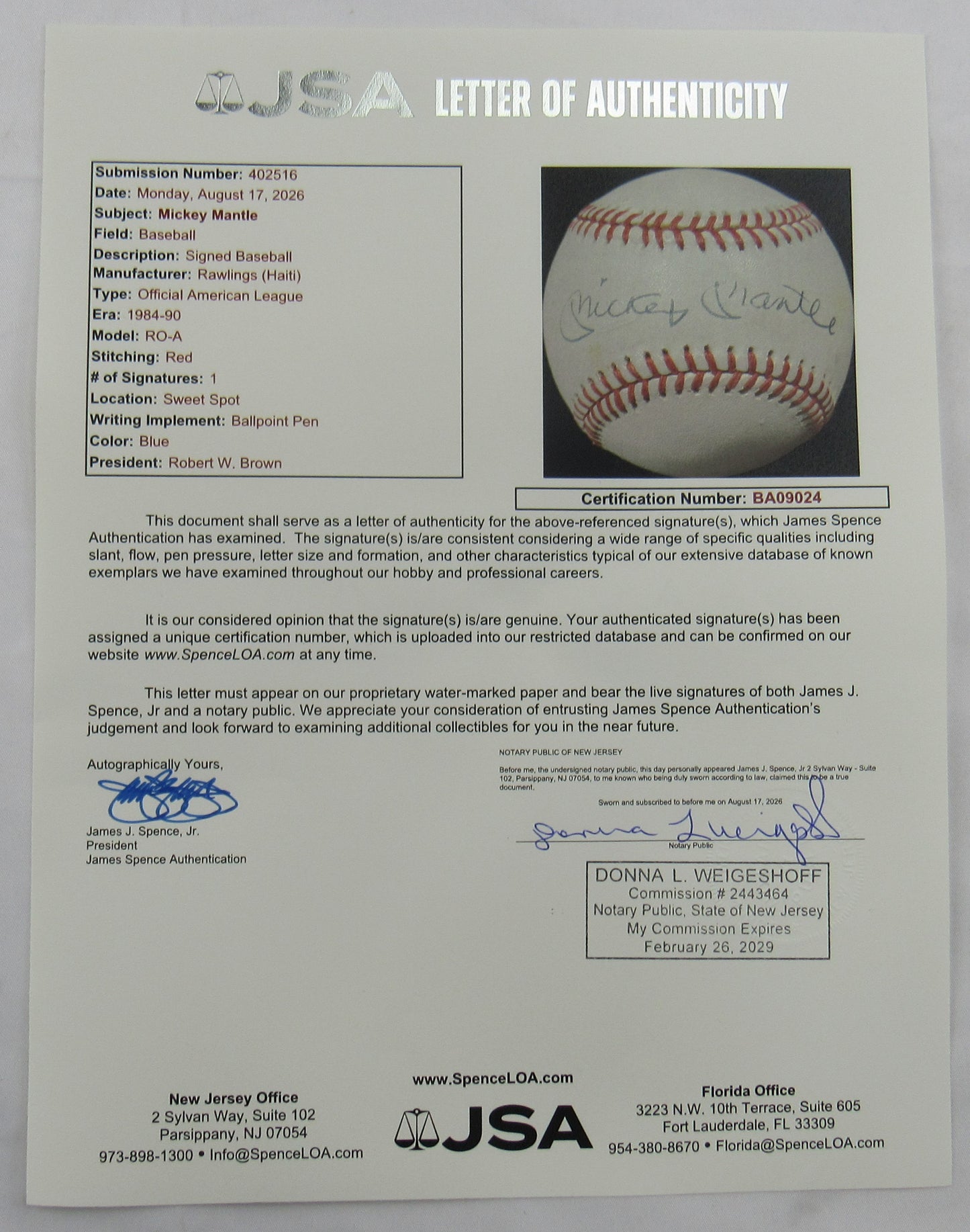 Mickey Mantle Signed Rawlings Baseball JSA BA09024