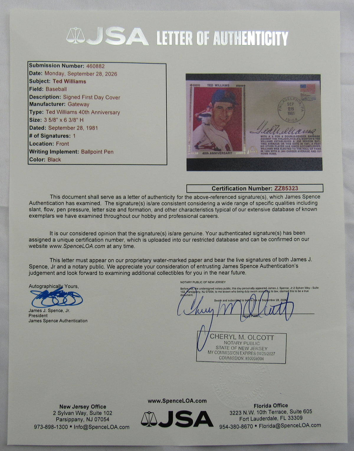 Ted Williams Signed Envelope JSA LOA ZZ85323