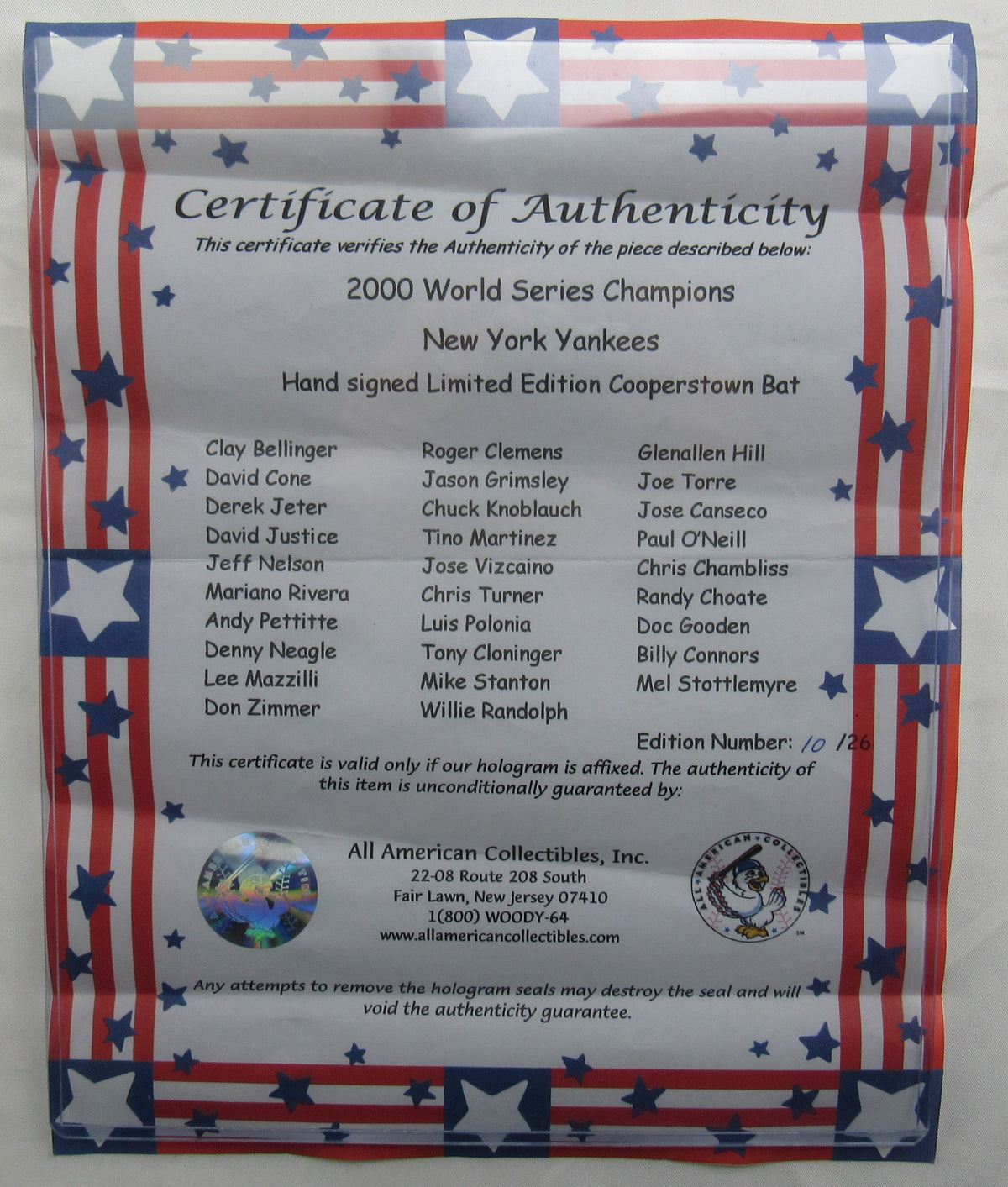 2000 World Series Champion Derek Jeter New York Yankees Signed Rawlings Baseball Bat JSA LOA ZZ85325