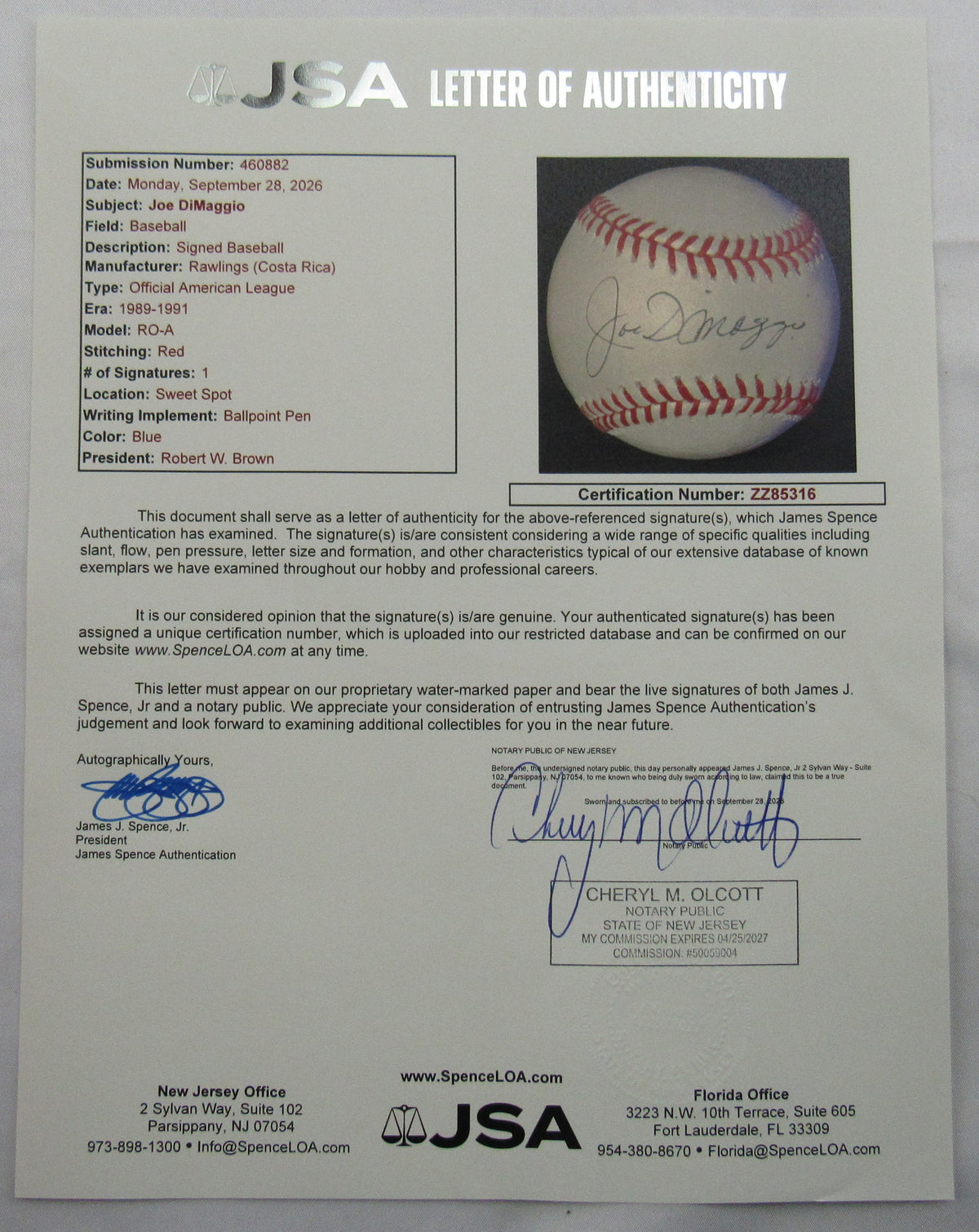 Joe DiMaggio Signed Rawlings Baseball JSA LOA ZZ85316