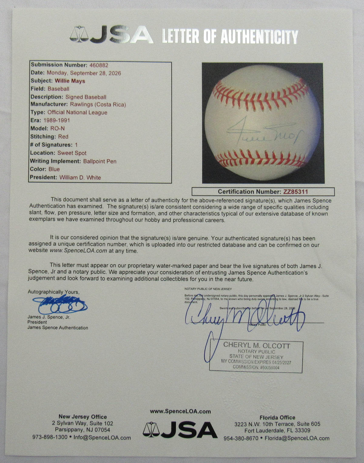 Willie Mays Signed Auto Rawlings Baseball JSA LOA ZZ85311