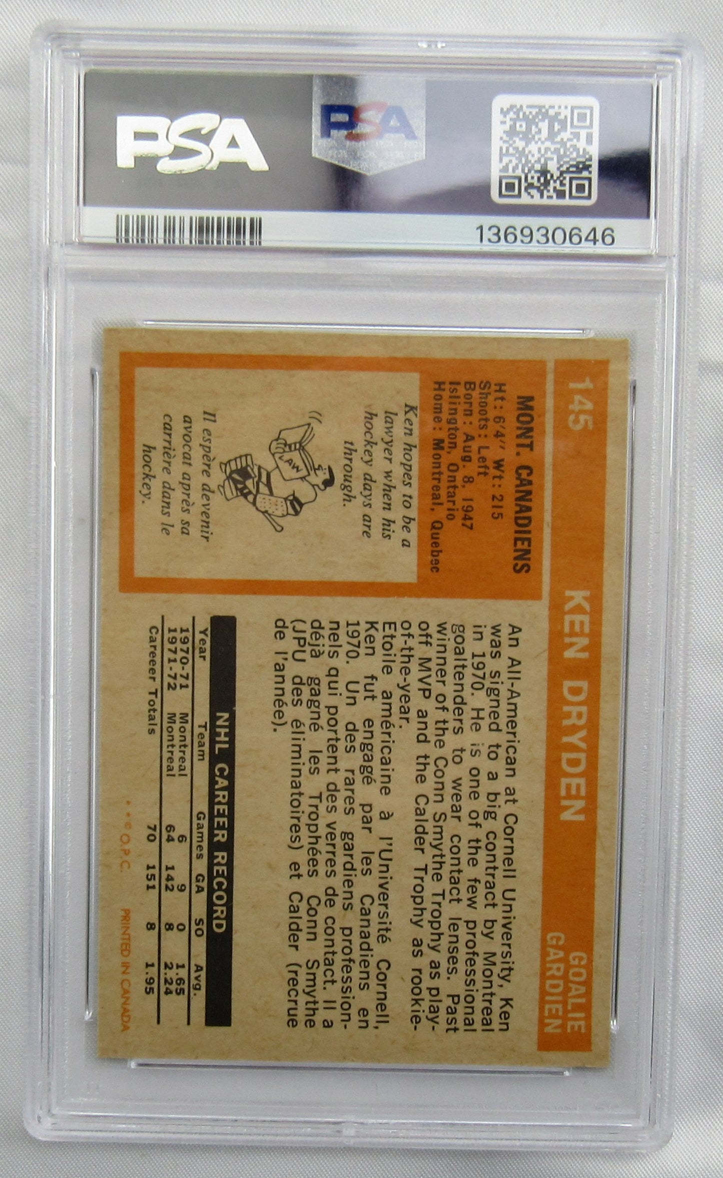 Ken Dryden 1972-73 O-Pee-Chee Card #145 PSA 8