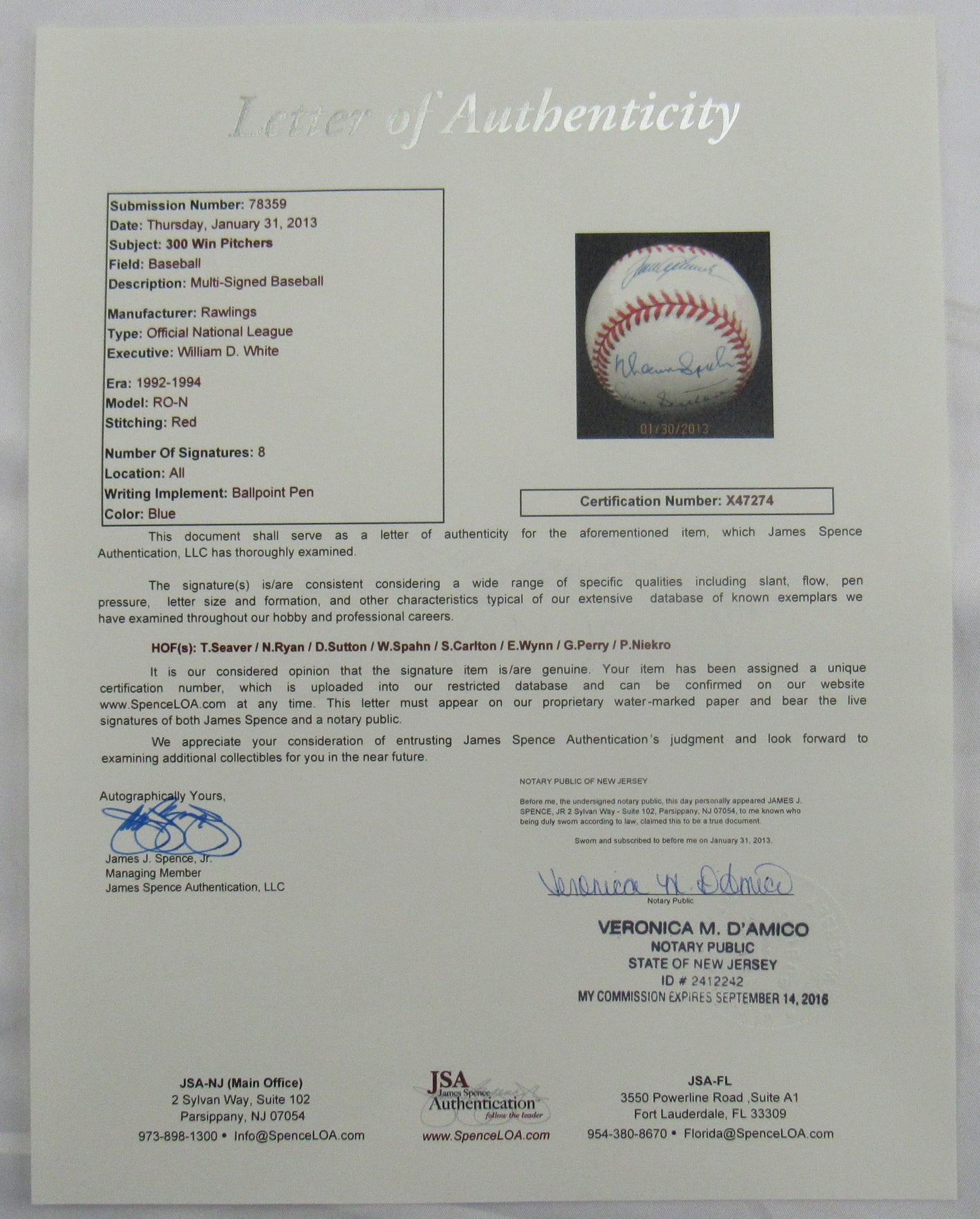 300 Wins Club Signed Rawlings Baseball JSA LOA X47274