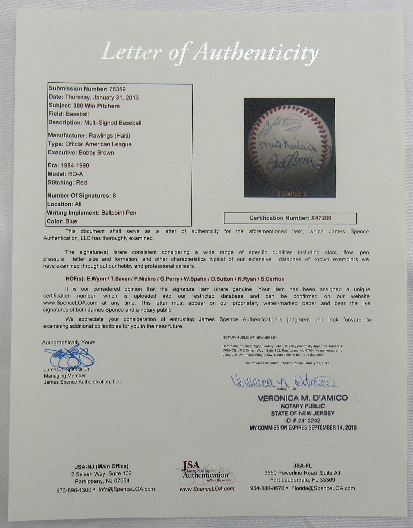 300 Wins Club Signed Rawlings Baseball JSA LOA X47280 - 8 Signatures