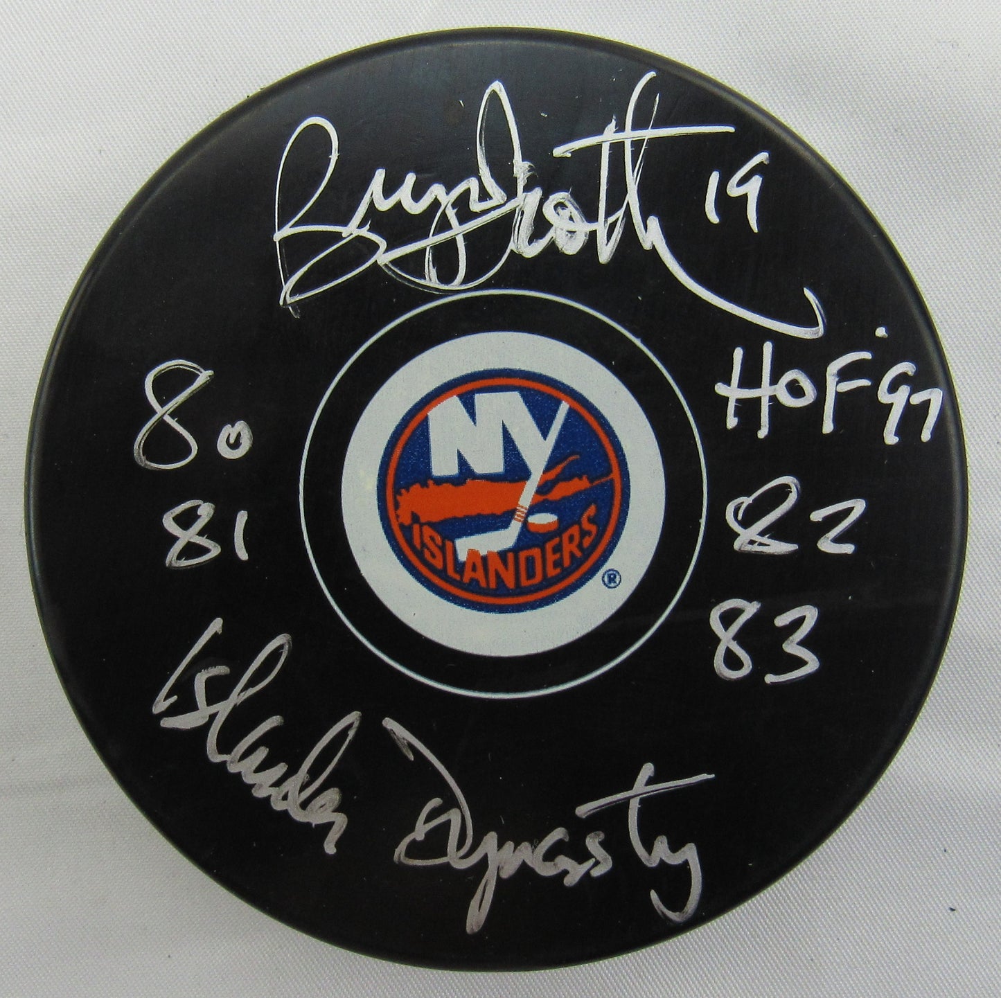 Bryan Trottier Signed Auto Autograph Islanders Logo Hockey Puck w/ Insc JSA WA168715
