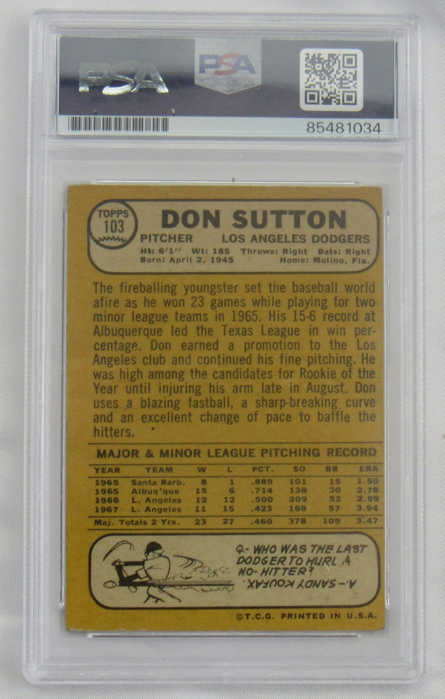 Don Sutton 1968 Topps Signed Auto Autograph Encapsulated Baseball Card PSA/DNA