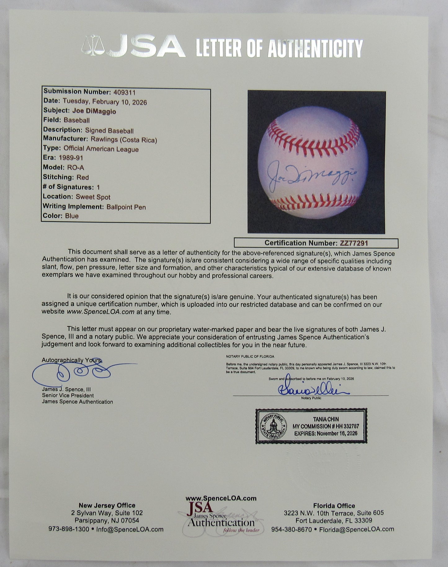 Joe DiMaggio Signed Rawlings Baseball JSA LOA ZZ77291