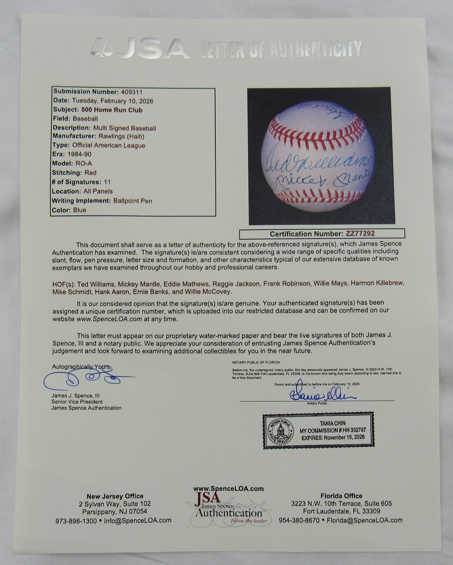 500 HR Club Signed Rawlings Baseball JSA LOA ZZ77292