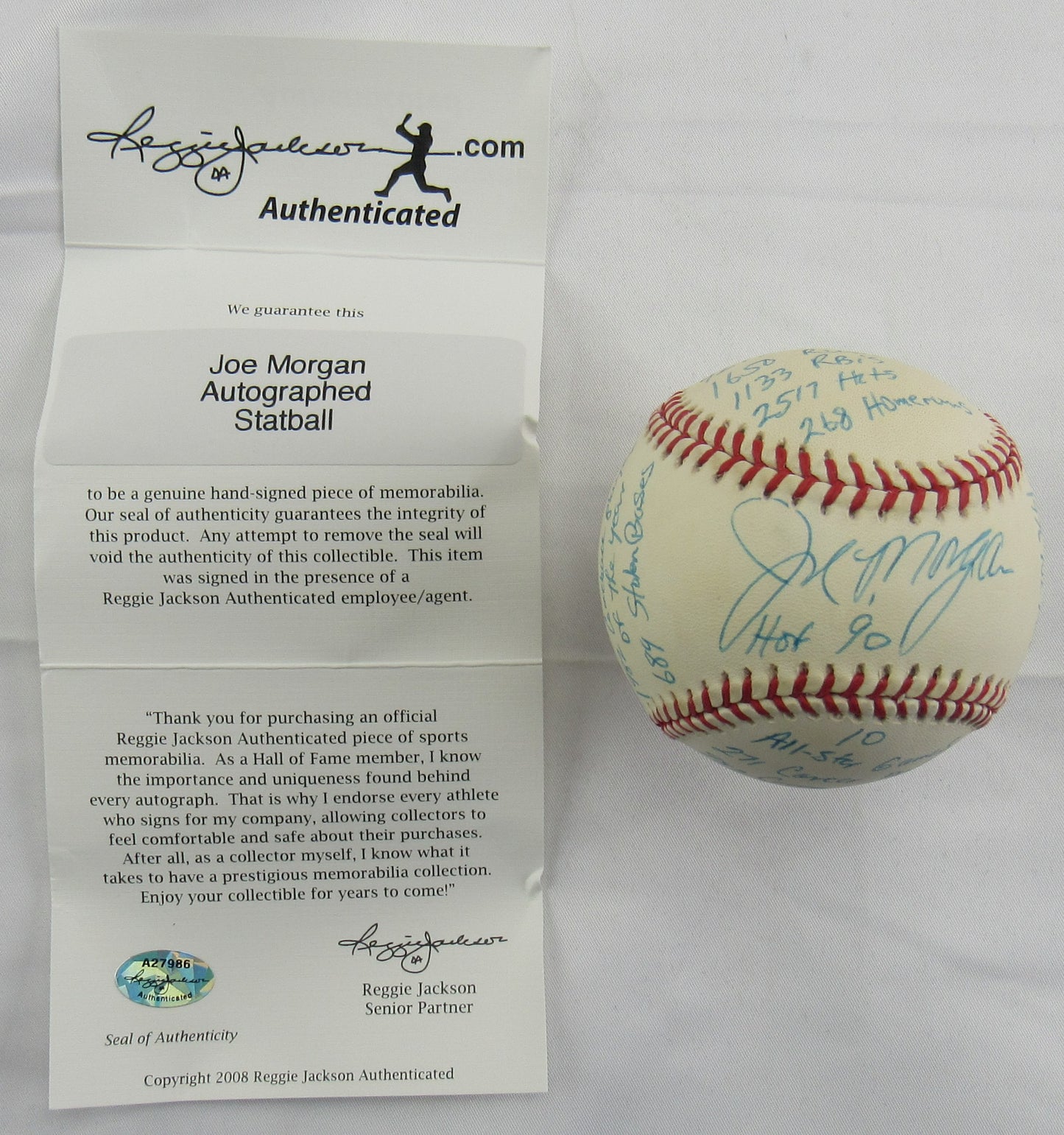 Joe Morgan Signed Auto Rawlings Stat Baseball Reggie Jackson COA A27986