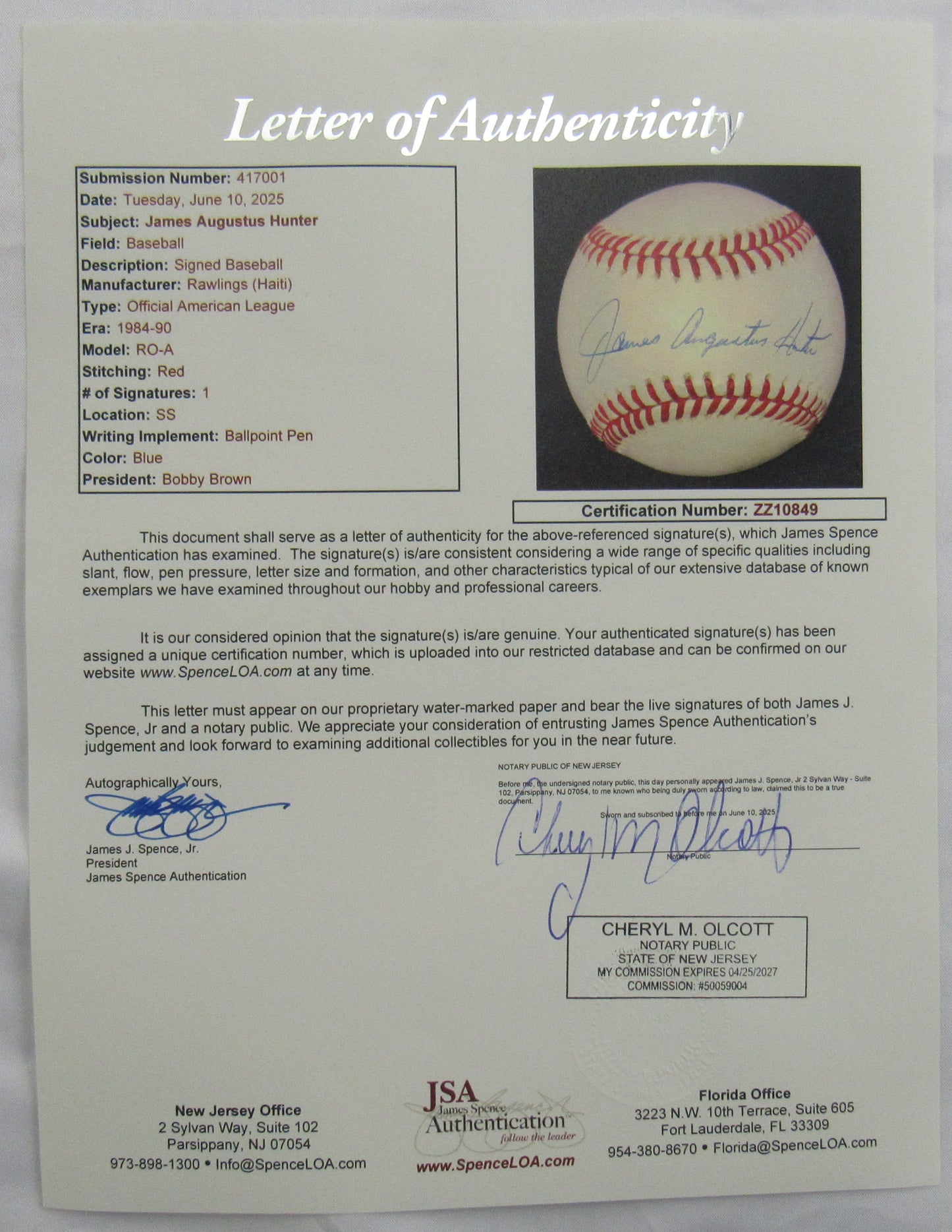 James Augustus Hunter Signed Auto Rawlings Baseball JSA LOA ZZ10849