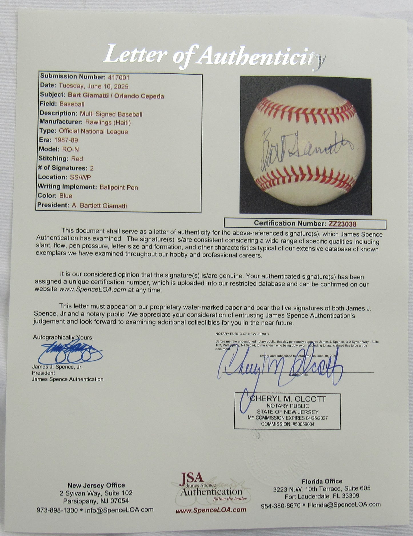 Bart Giamatti Orlando Cepeda Signed Auto Rawlings Baseball JSA LOA ZZ23038