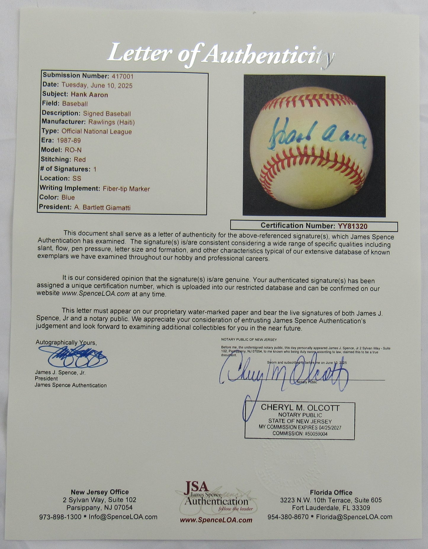 Hank Aaron Signed Auto Rawlings Baseball JSA LOA YY81320