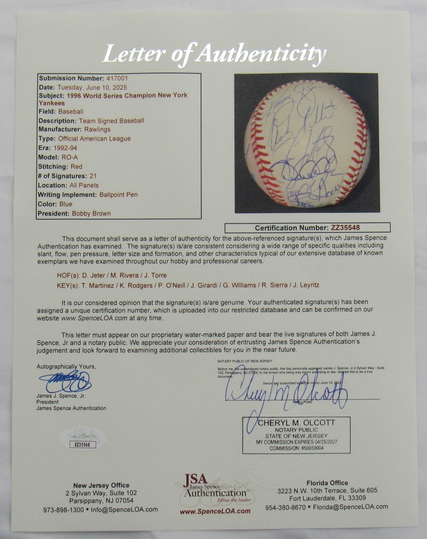 1996 World Series Yankees Derek Jeter +More Signed Auto Rawlings Baseball JSA LOA ZZ35548