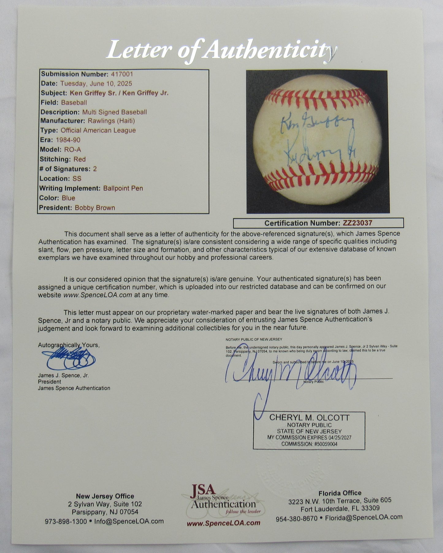 Ken Griffey Jr Ken Griffey Sr Signed Auto Rawlings Baseball JSA LOA ZZ23037