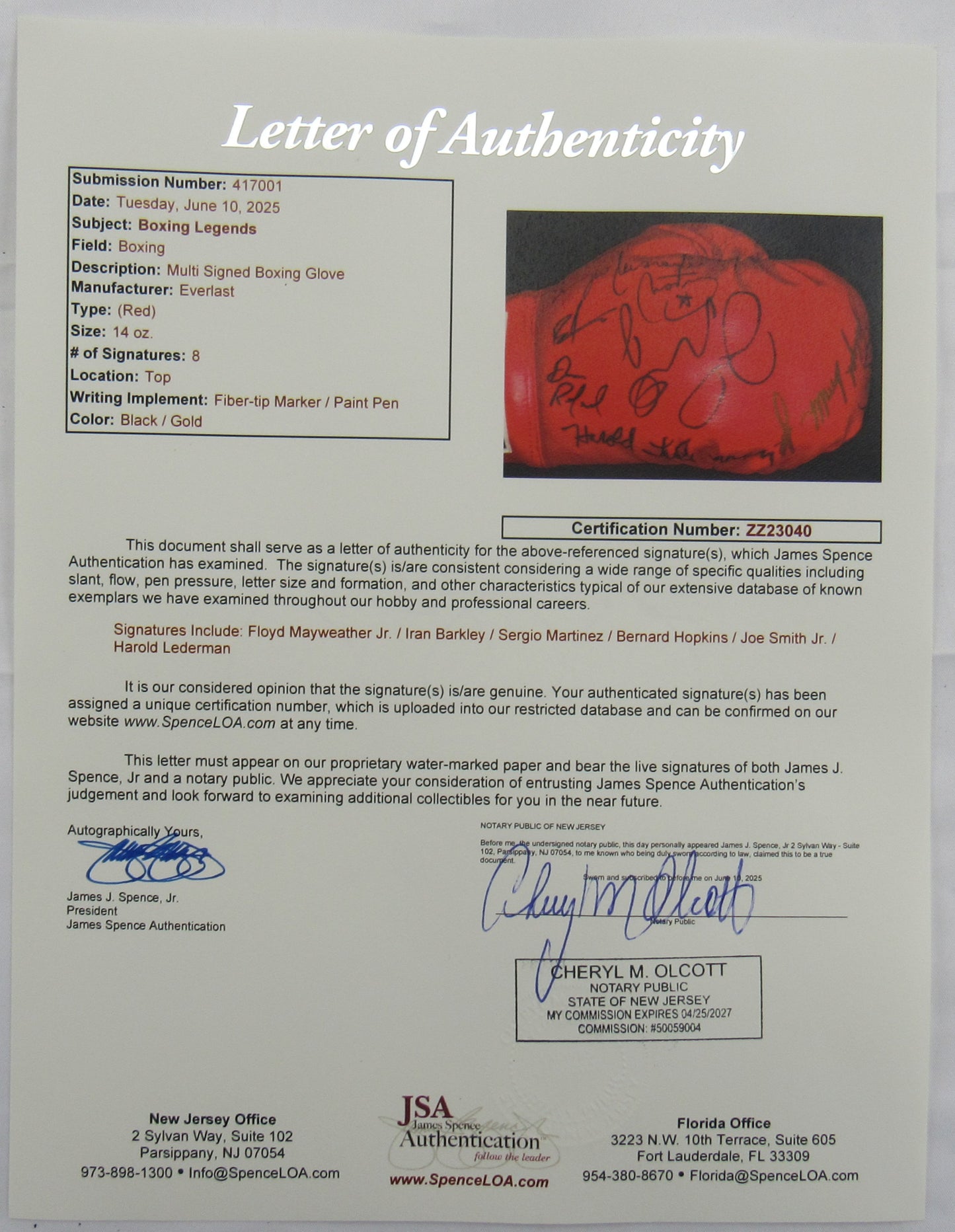 Boxing Legends Signed Auto Autograph Everlast Boxing Glove JSA LOA ZZ23040