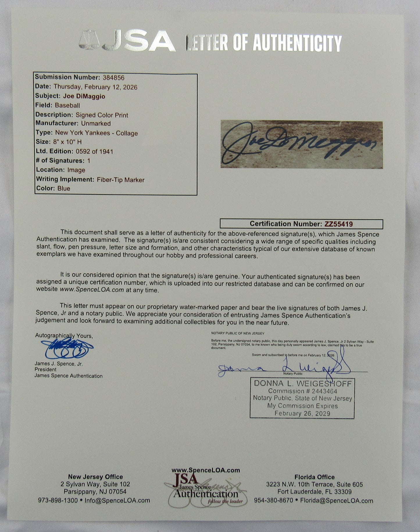 Joe DiMaggio Signed Auto 8x10 Photo JSA LOA ZZ55419