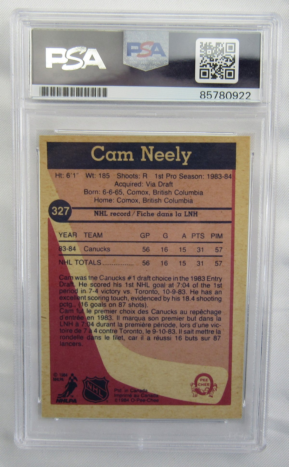 1984 O-Pee-Chee Cam Neely Signed Auto PSA/DNA Encapsulated Hockey Card
