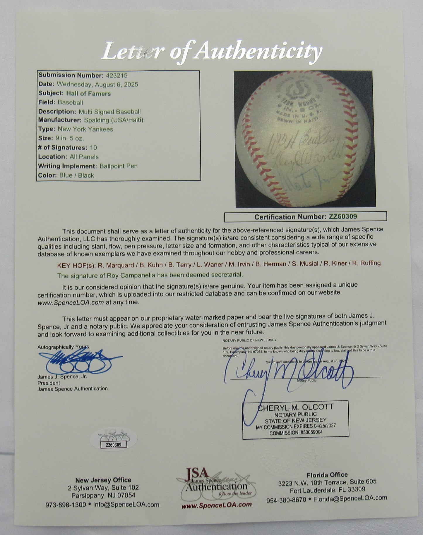 Hall of Famers Signed Rube Marquard, Bowie Kuhn, Bill Terry, Lloyd Waner, Red Ruffing Auto Baseball JSA LOA ZZ60309