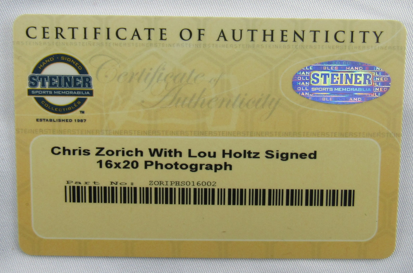 Chris Zorich Signed Auto 16x20 Photo Steiner Hologram