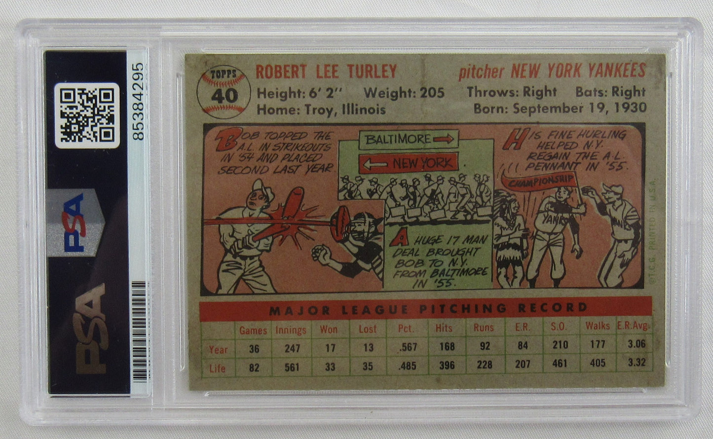 1956 Topps Bob Turley Signed Auto Autograph Encapsulated Baseball Card PSA/DNA
