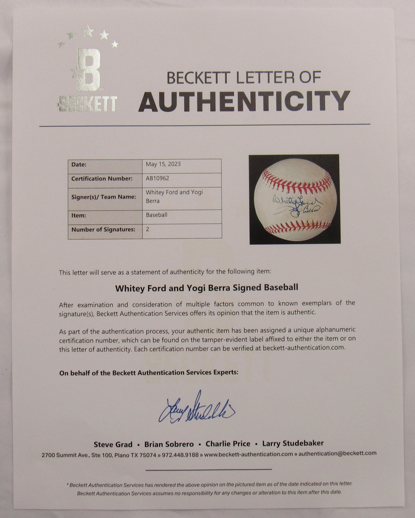 Whitey Ford Yogi Berra Signed Auto Rawlings Baseball Beckett LOA