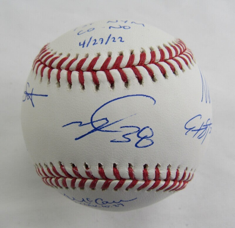 Edwin Diaz Tylor Megill Seth Lugo +3 Signed Rawlings Baseball w/ No Hitter Insc JSA Witness COA