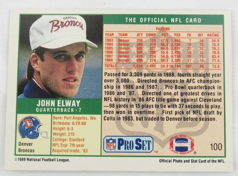 1989 Pro Set John Elway #100 Football Card Error & Correct Lot