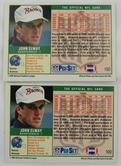 1989 Pro Set John Elway #100 Football Card Error & Correct Lot