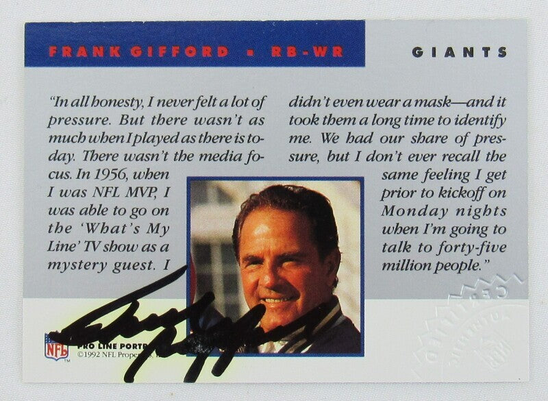 1992 Proline Portraits Frank Gifford Signed Auto Autograph Football Card #428