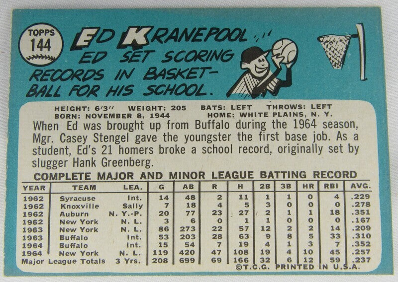 1965 Topps Ed Kranepool #144 Signed Auto Autograph Card II