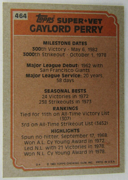 1983 Topps #464 Gaylord Perry Signed Auto Autographed Card