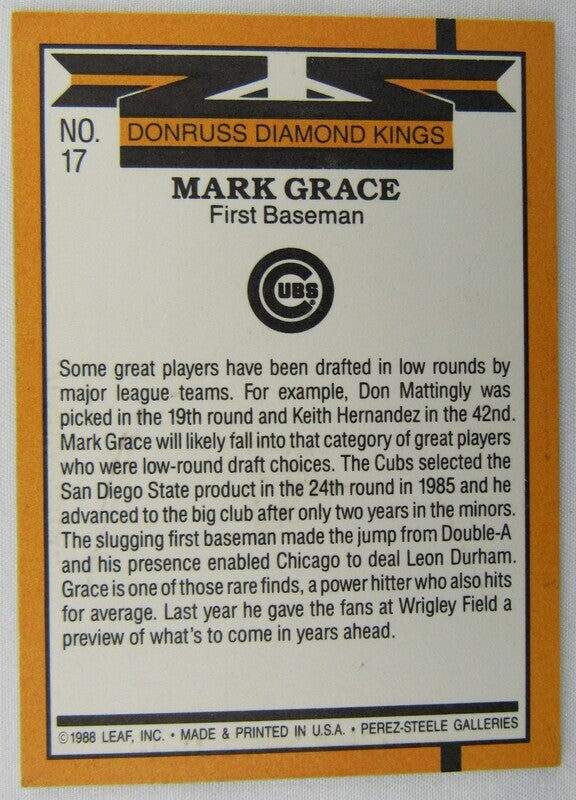 1989 Donruss #17 Diamond King Mark Grace Signed Auto Autographed Card