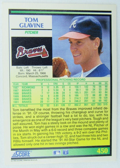 1992 Score Tom Glavine #450 Signed Auto Autographed Card