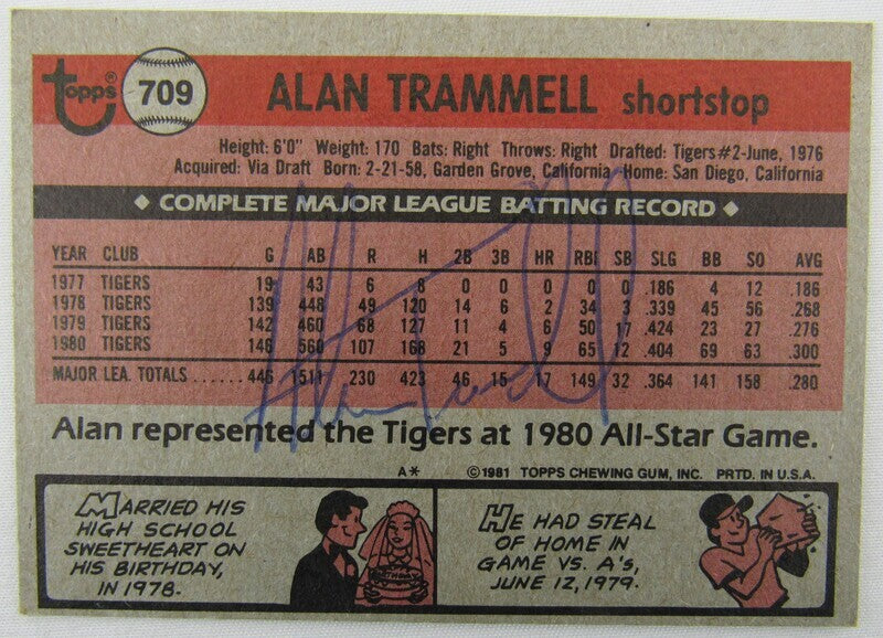 1981 Topps Alan Trammell #709 Signed Auto Autographed Card