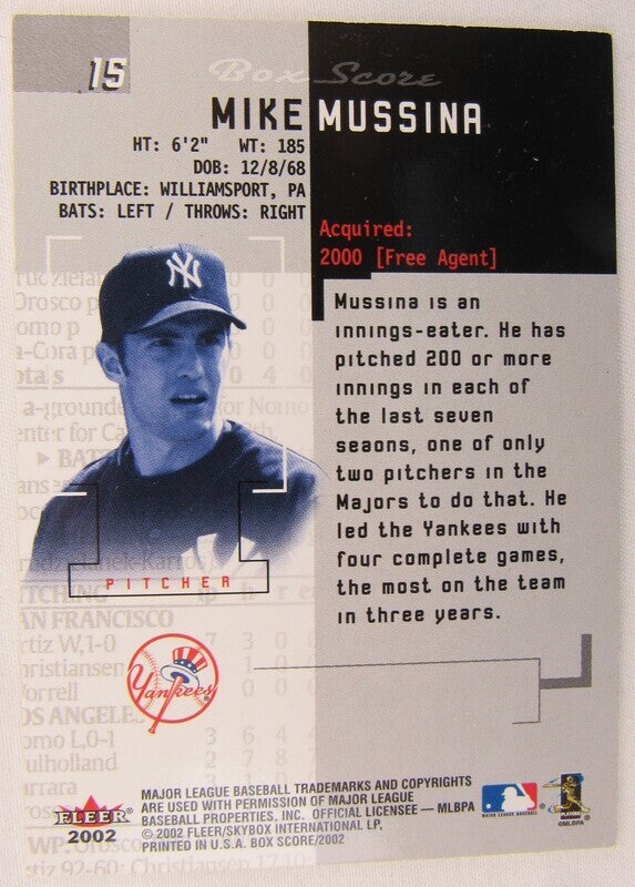 2002 Fleer Box Score Mike Mussina Signed Auto Autographed Card