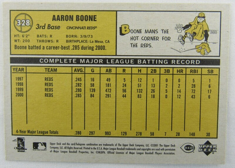 2001 Upper Deck Vintage #328 Aaron Boone Signed Auto Autographed Card