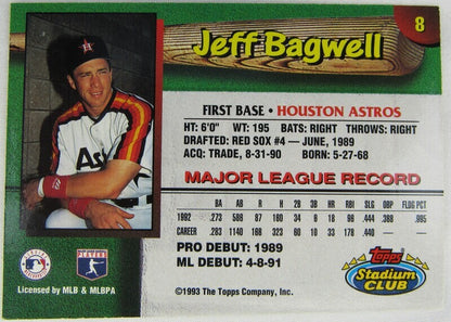 1993 Stadium Club Jeff Bagwell Signed Auto Autographed Card