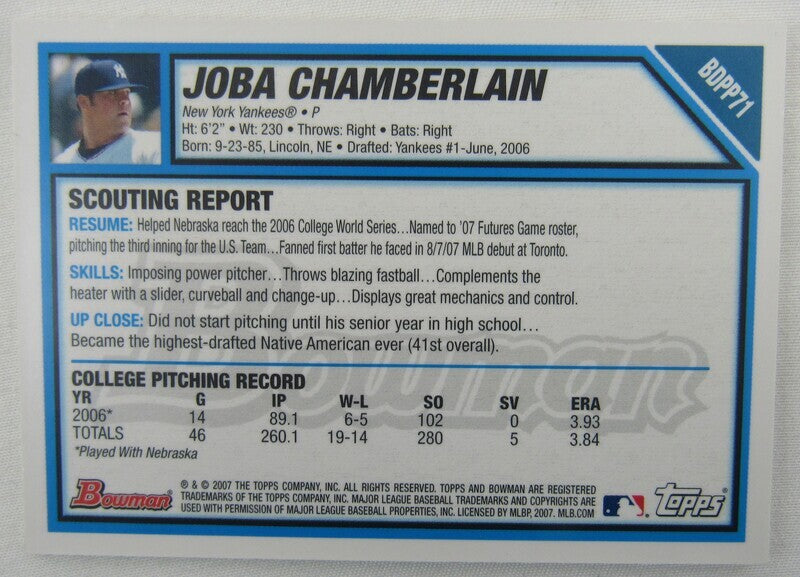 2007 Bowman Joba Chamberlain BDDP71 Jersey Signed Auto Autographed Card