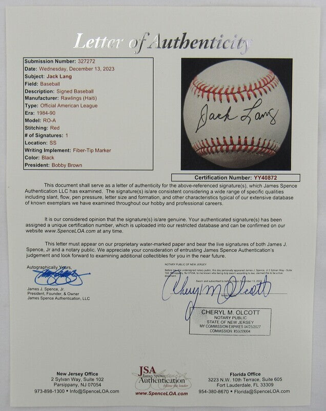 Jack Lang Auto Autograph Rawlings Baseball JSA LOA YY40872