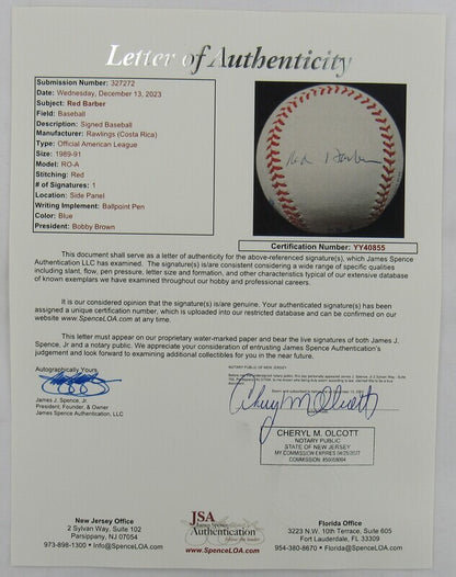 Red Barber Signed Auto Autograph Rawlings Baseball JSA LOA YY40855