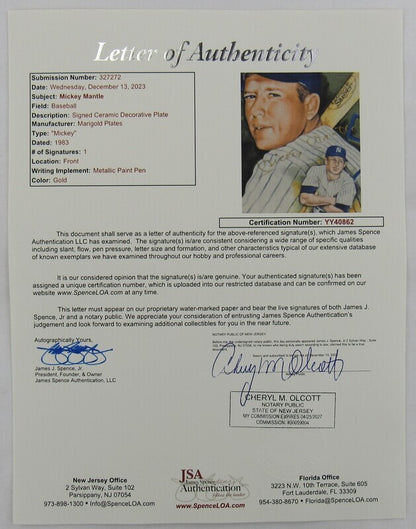 Mickey Mantle Signed Auto Autograph Plate JSA LOA YY40862