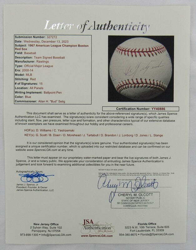 1967 American League Champion Boston Red Sox Signed Auto Autograph Rawlings Baseball JSA LOA YY40886