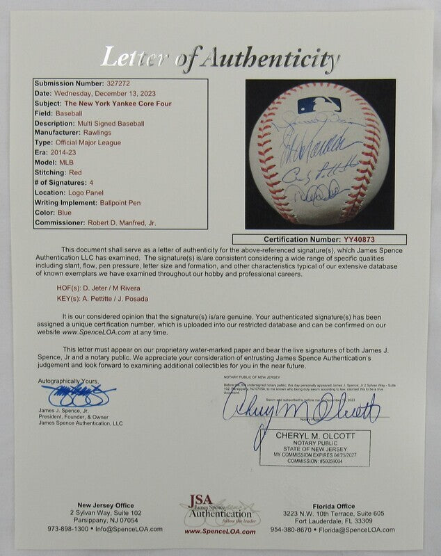 Derek Jeter Mariano Rivera Jorge Posada Andy Pettitte Signed Auto Autograph Rawlings Baseball JSA LOA YY40873