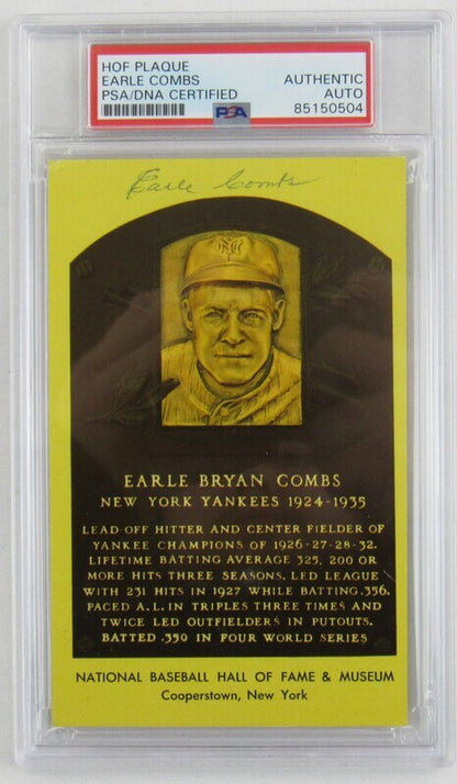 Earle Combs Signed Auto Autograph HOF Plaque PSA/DNA Encapsulated